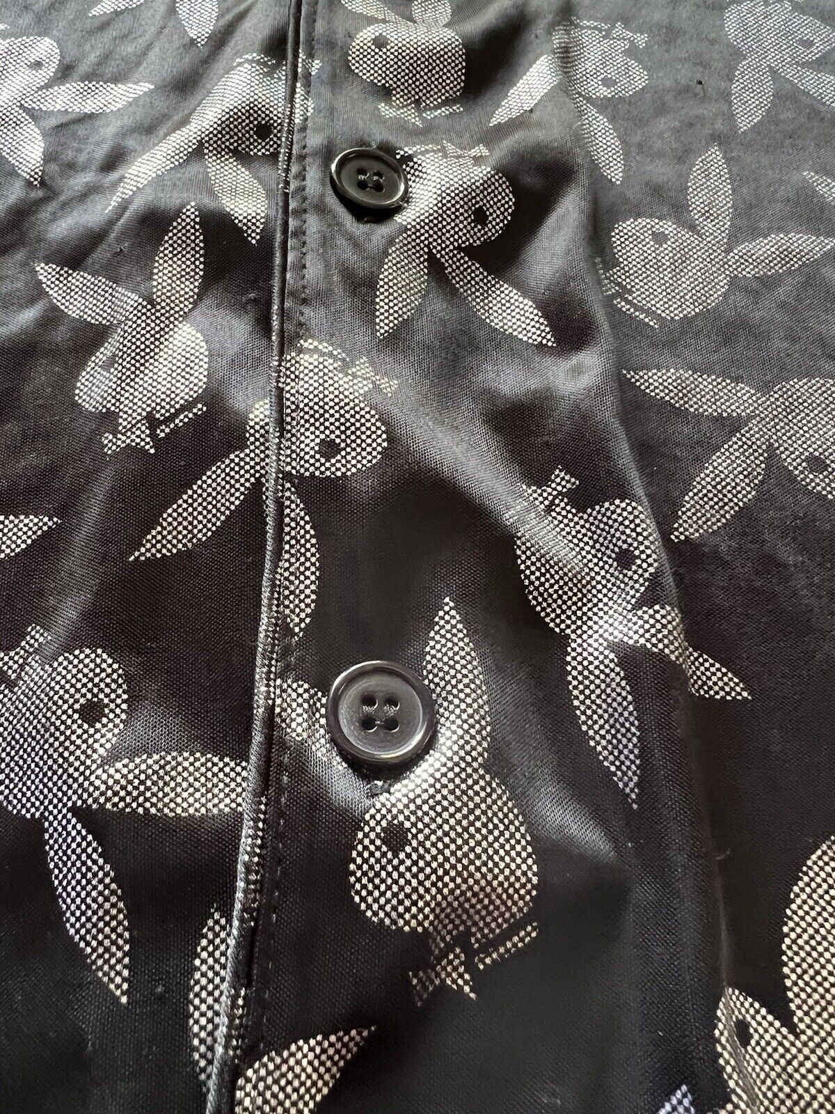 Bunny PLAYBOY Button Down Sleep Wear Men's Black Silver Shirt Large Sheer Adult