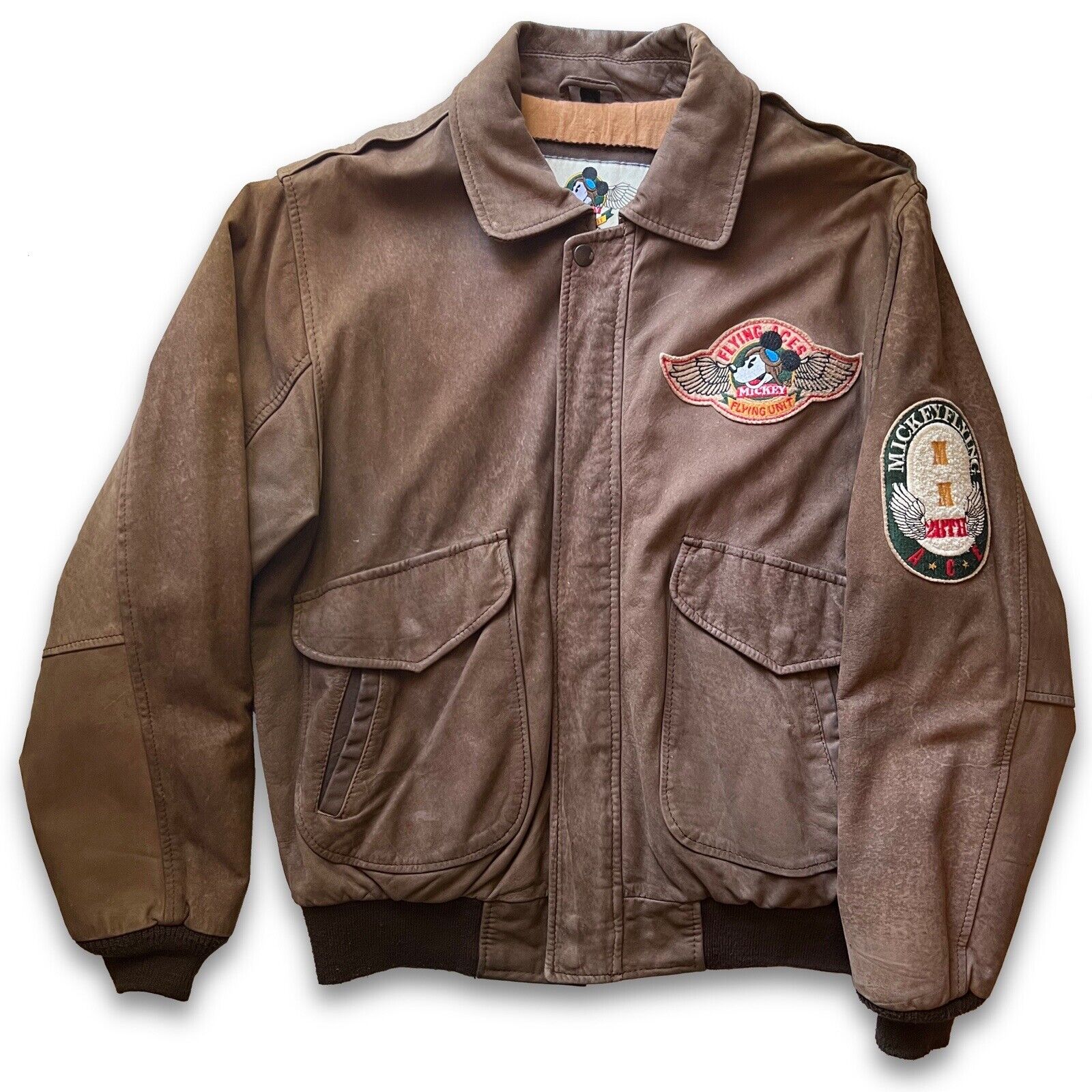 Mickey Mouse Flying Ace Patches Unit Genuine Leather Bomber Vintage Brown Mens