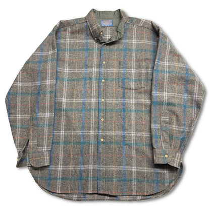 Vintage Pendleton Flannel Shirt Men Grey Pin Stripe Wool Plaid Large Pocket USA