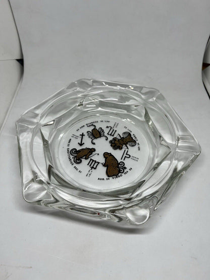 Vintage Horoscope Clear Glass Ash Tray Smoking Solid Large Clean Gold Inlay