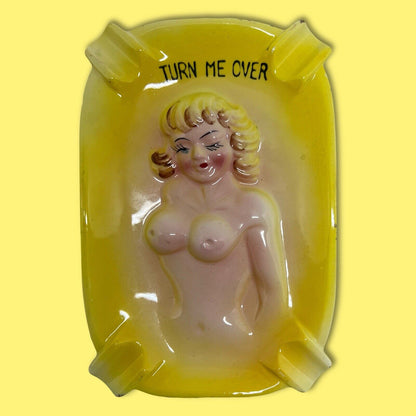 Vintage Nude Lady Turn Me Over Yellow Ashtray For Your Hot Butts And Ashes JAPAN