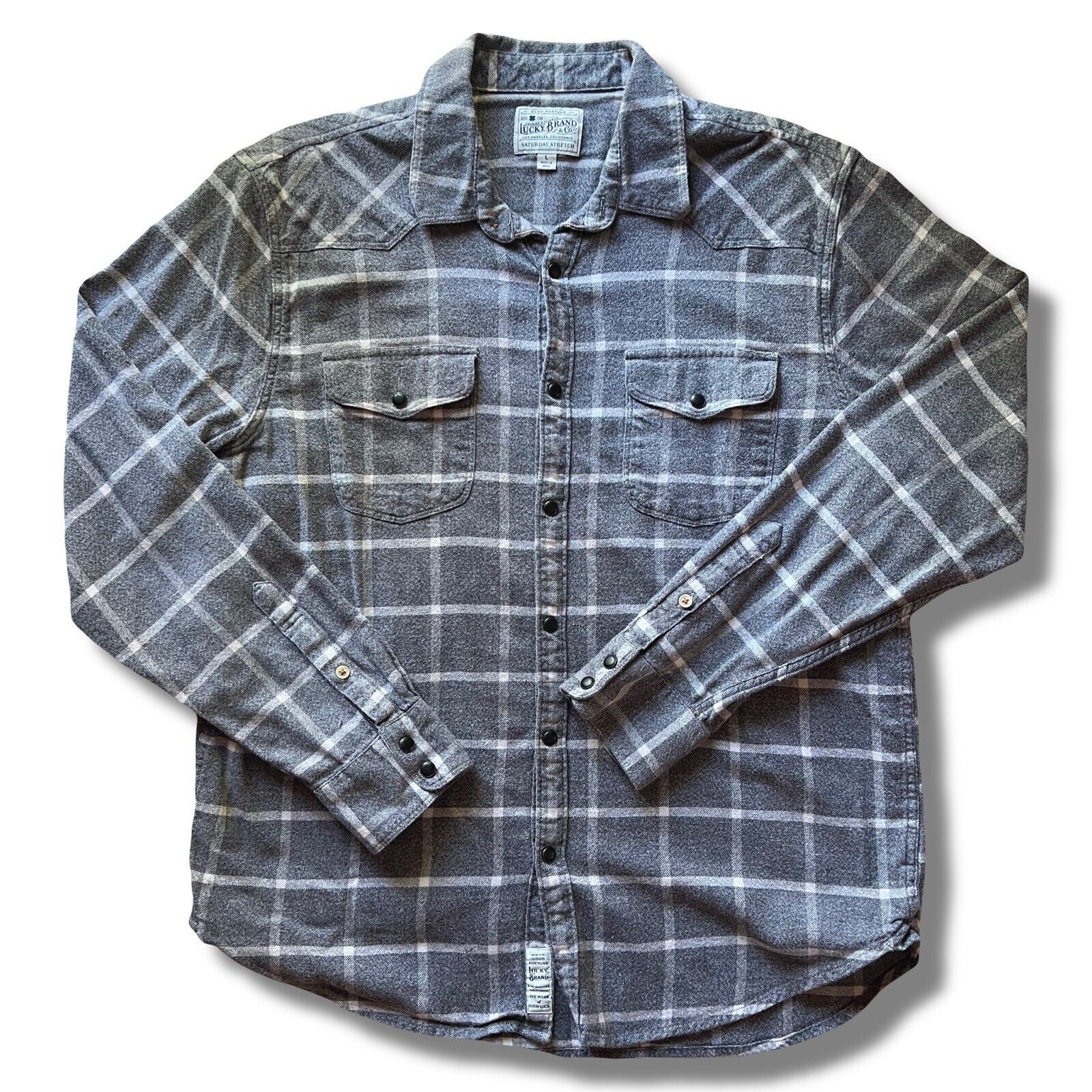 Lucky Brand Shirt Mens Large Grey Plaid Flannel Pearl Snap Saturday Stretch