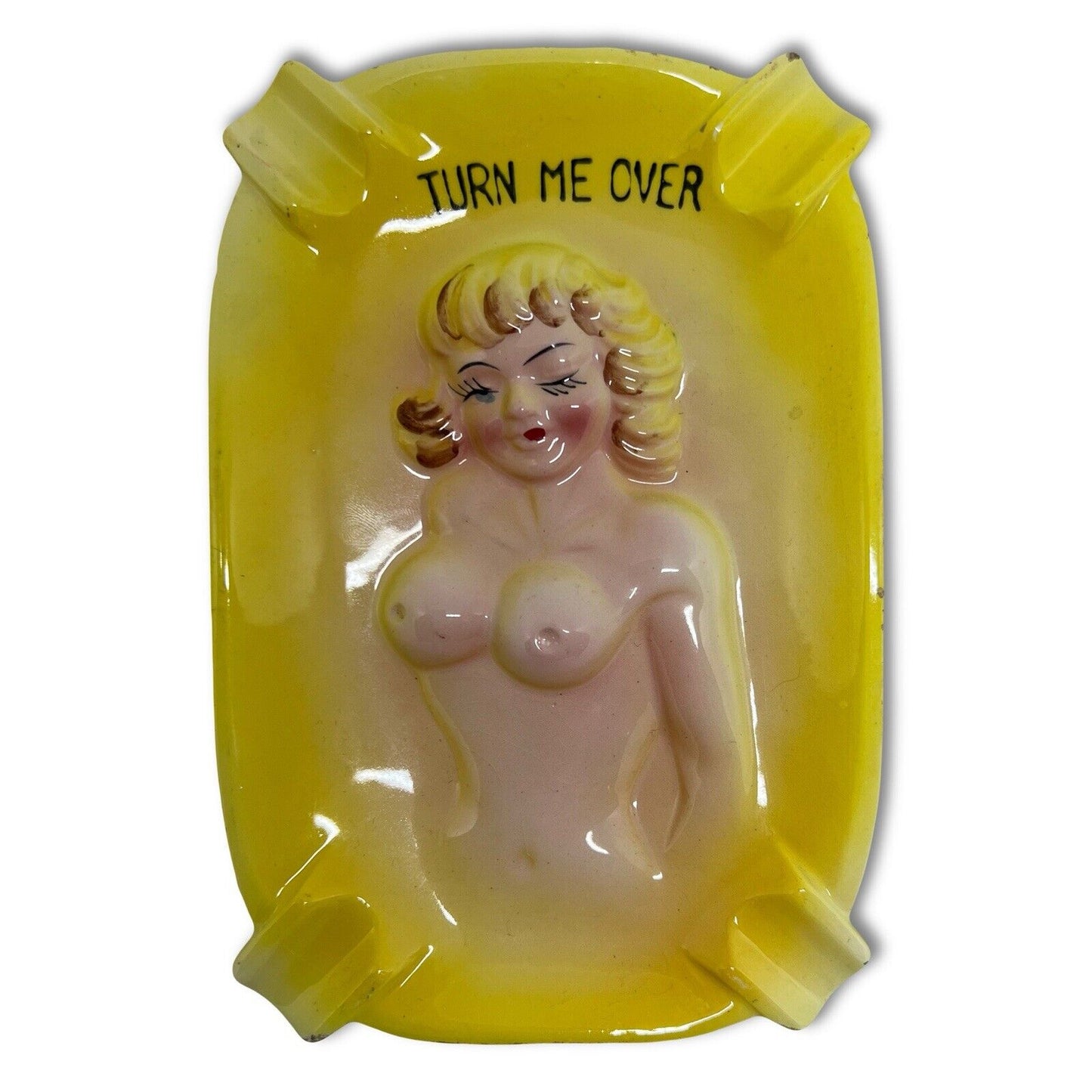 Vintage Nude Lady Turn Me Over Yellow Ashtray For Your Hot Butts And Ashes JAPAN