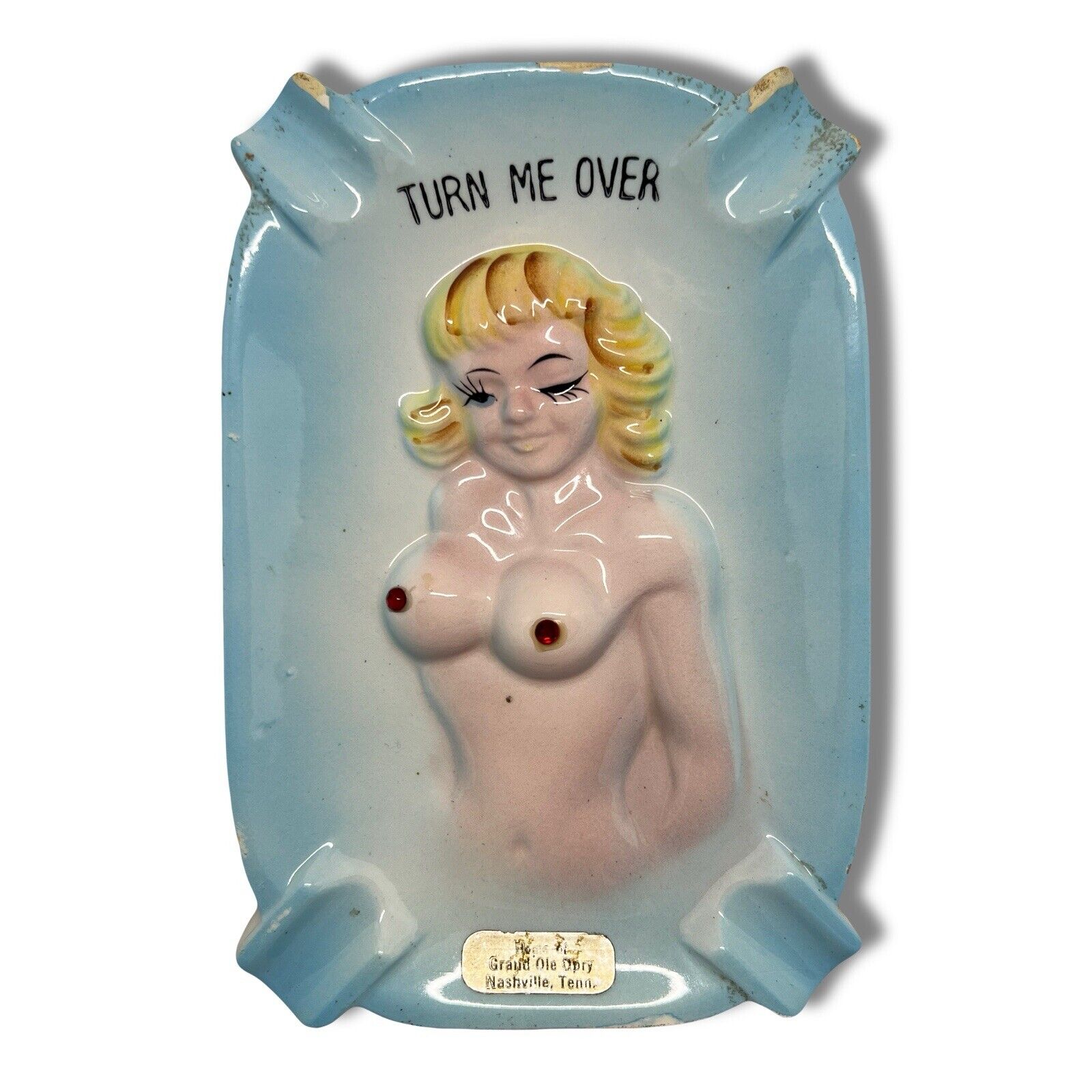 Vintage Risque Nude Lady Ashtray Turn Me Over for your Butts Ruby Nipples Japan