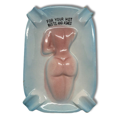 Vintage Risque Nude Lady Ashtray Turn Me Over for your Butts Ruby Nipples Japan