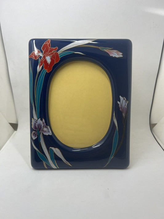 Rare Stoneware Picture Frame 5.5" x 4" Thick Blue Dynasty Oriental Flowers