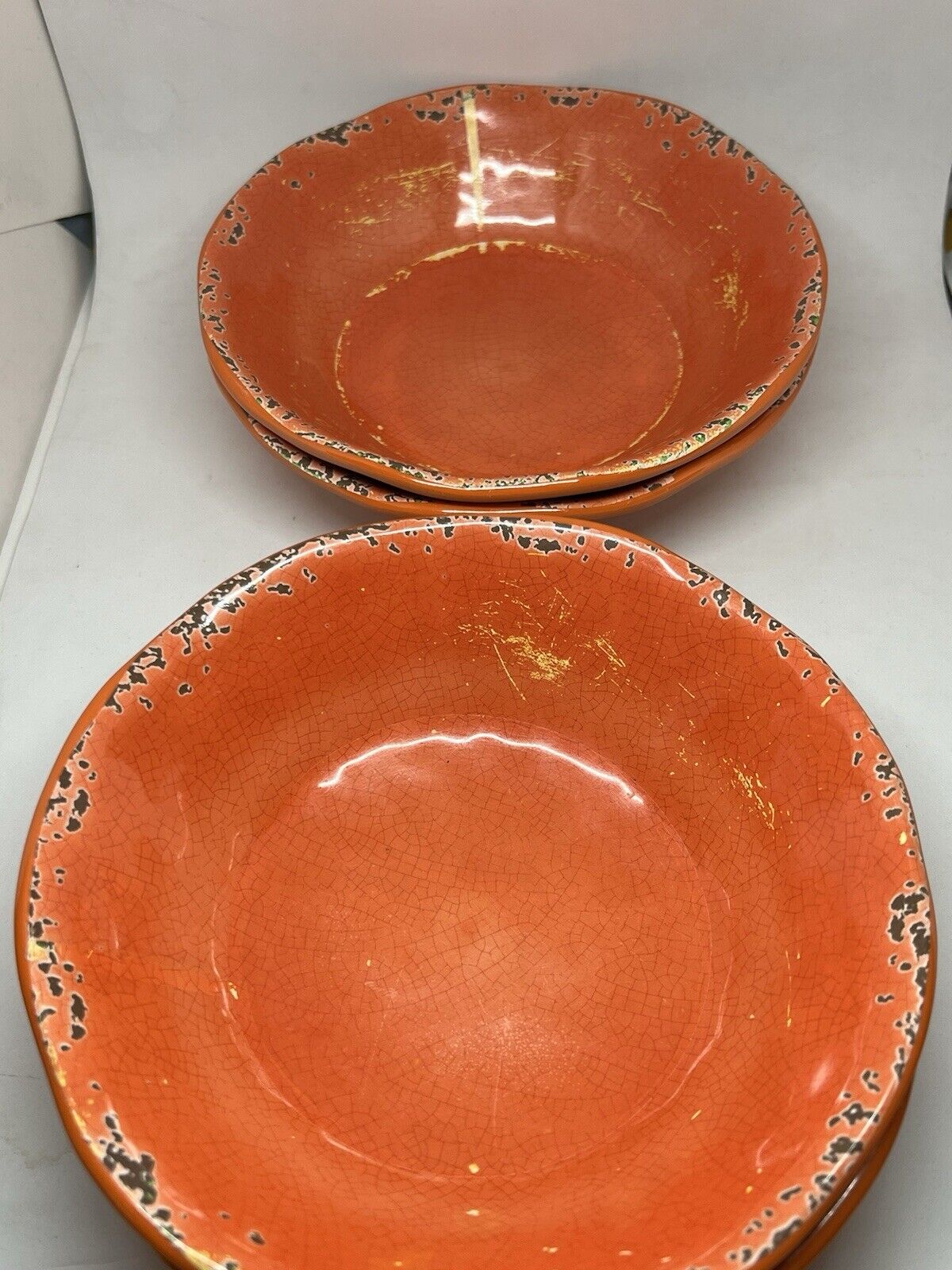 Set 4 Tommy Bahama Coral Orange Crackle Melamine Salad/Soup/ Cereal Bowls Camp