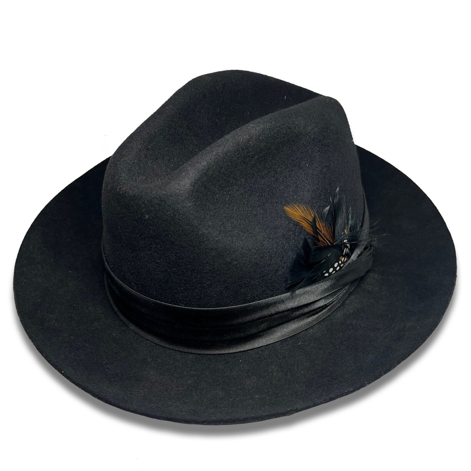 Milani 100% Wool Black Cowboy Hat. Satin Black Band With Feathers. Size XL