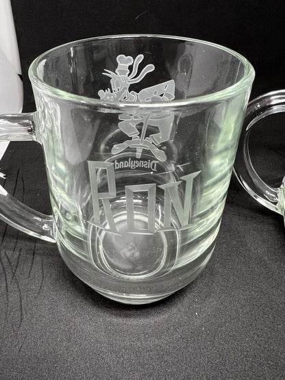 Disneyland Disney’s GOOFY POGO  Clear Etched Glass Mug Coffee “RON” “BONNIE"