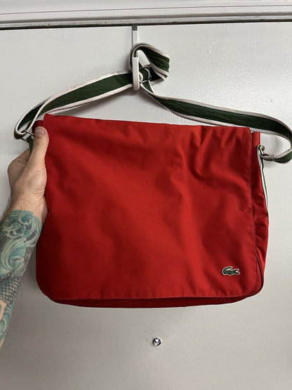 Vintage Red LACOSTE L71 Green Straps Medium MESSENGER BAG Casual 8 School Rare