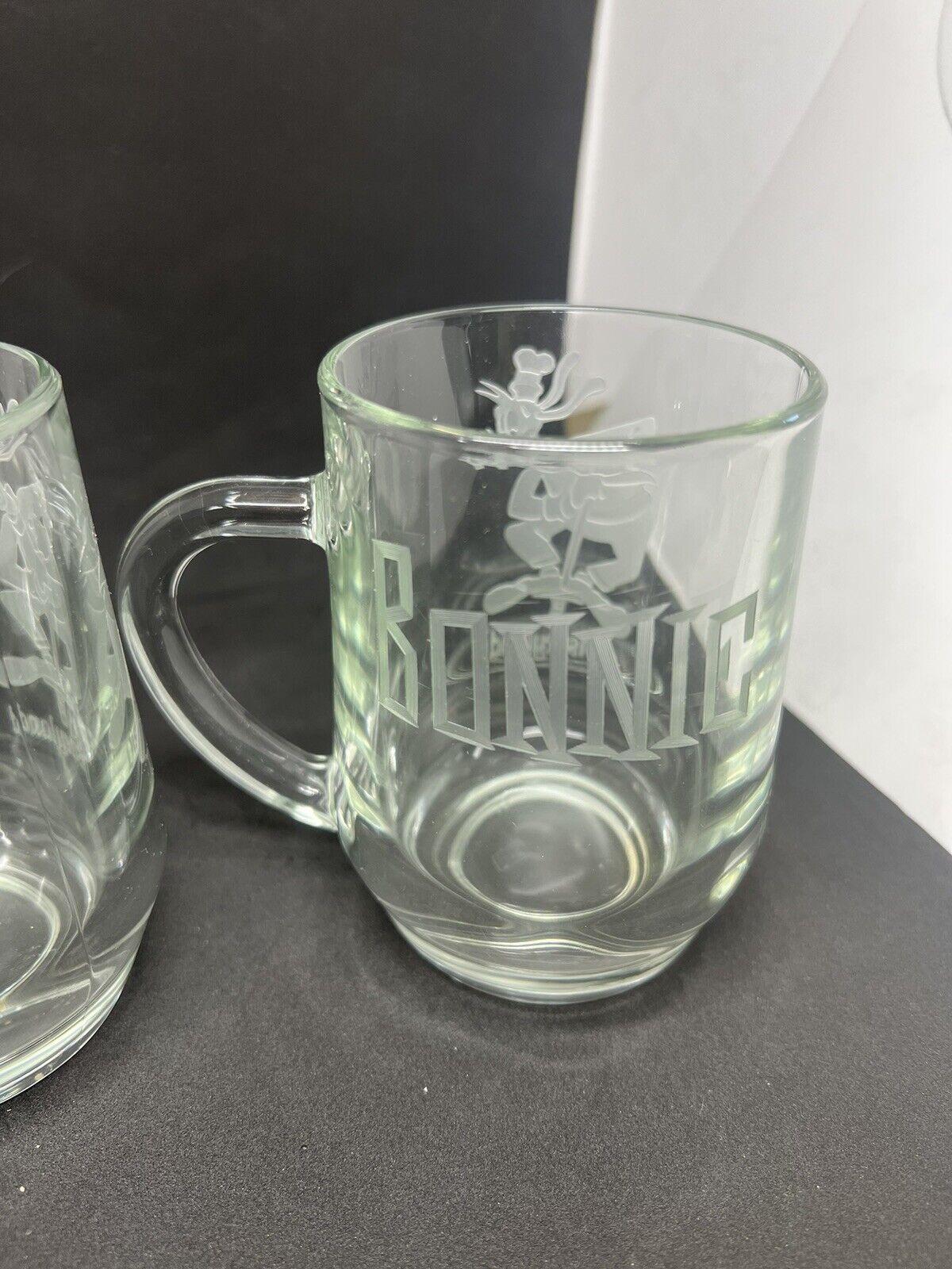 Disneyland Disney’s GOOFY POGO  Clear Etched Glass Mug Coffee “RON” “BONNIE"