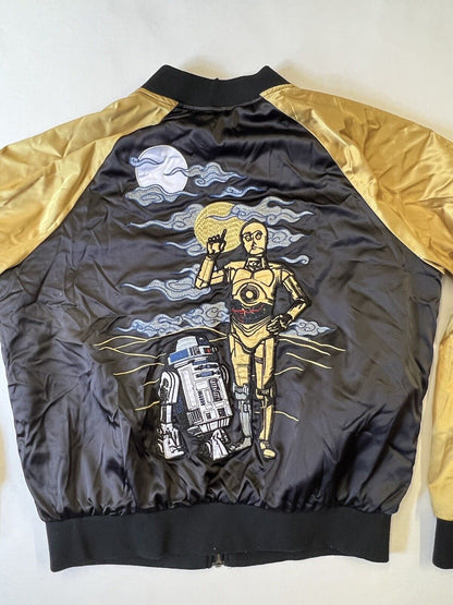 Star Wars Black Gold 40th Anniversary Satin Bomber Jacket C3P0 R2D2 Small