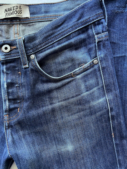 Rare Distressed Naked and Famous Weird Guy 13.5oz Indigo Denim Cotton 01x173 32