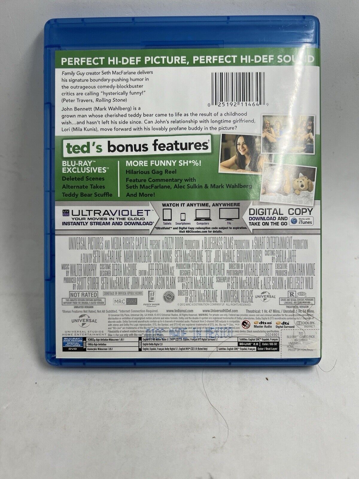 Ted (Blu-ray Disc, 2012, 2-Disc Set, Unrated) Universal Teddy Bear Mark Wahlberg