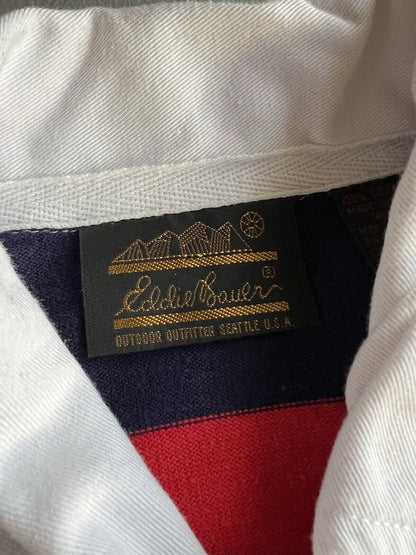 VINTAGE Eddie Bauer Blue Rugby Polo Shirt Long Sleeve Striped Tall Long Sleeve