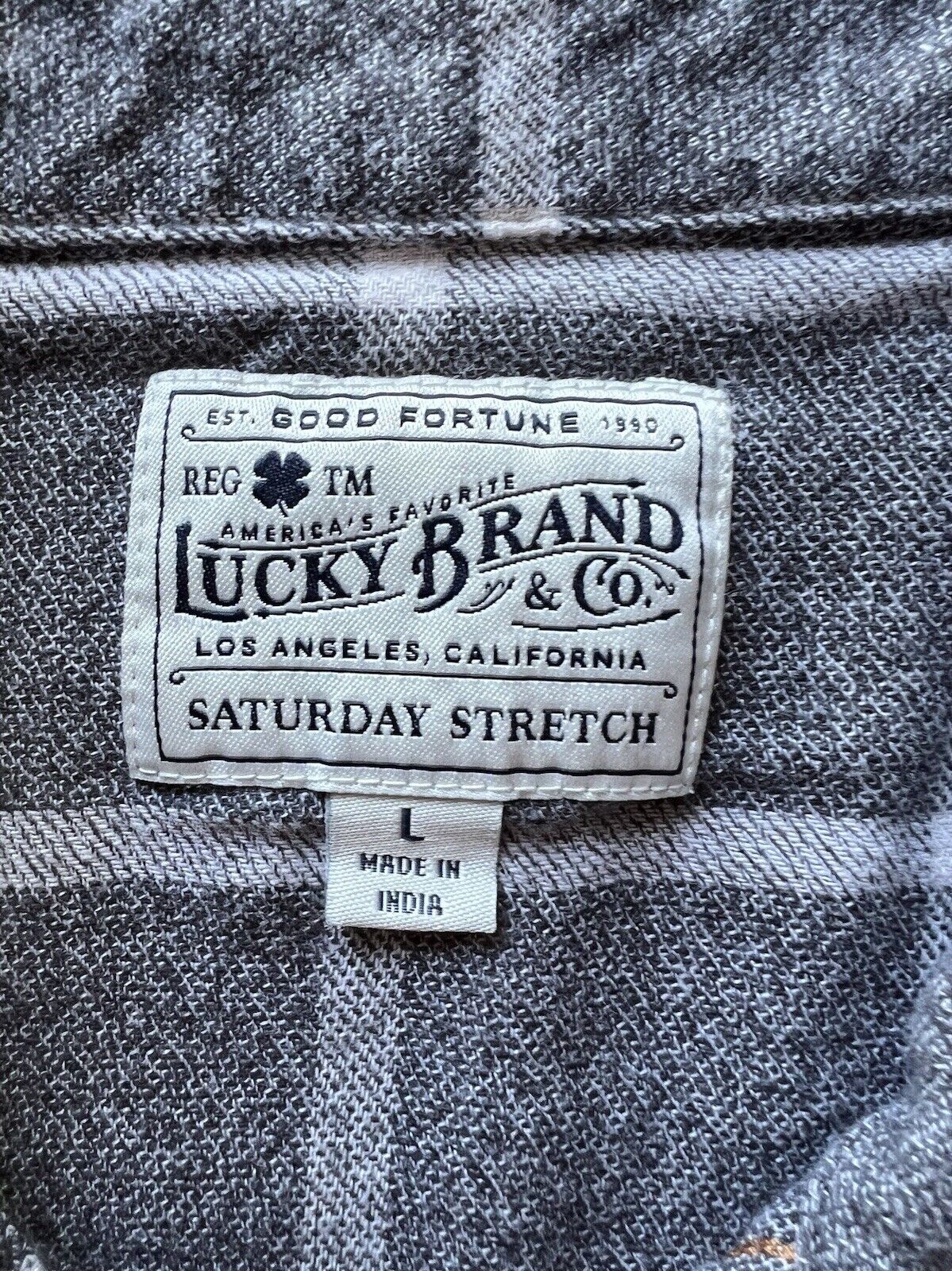 Lucky Brand Shirt Mens Large Grey Plaid Flannel Pearl Snap Saturday Stretch