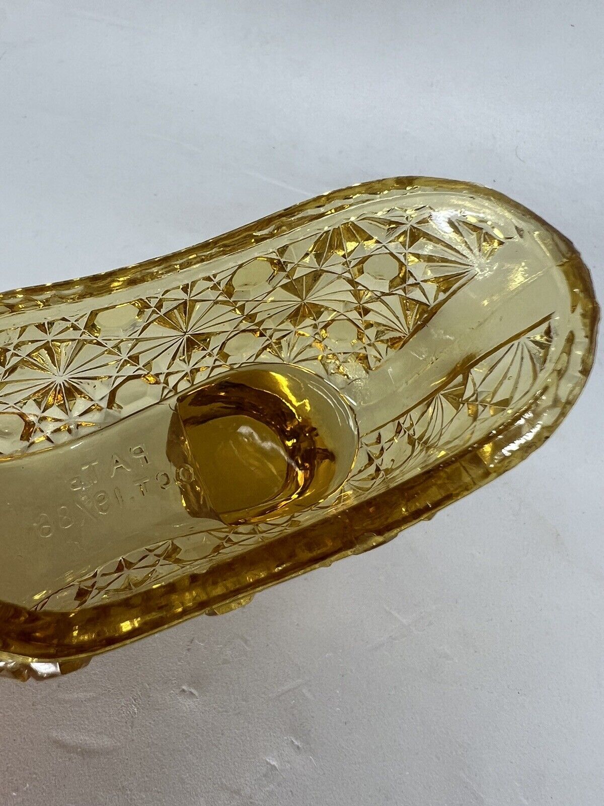 Shoe Slipper Glass Amber Daisy & Button Pat Oct.19/89, 2.5" Tall 5" Long Vintage