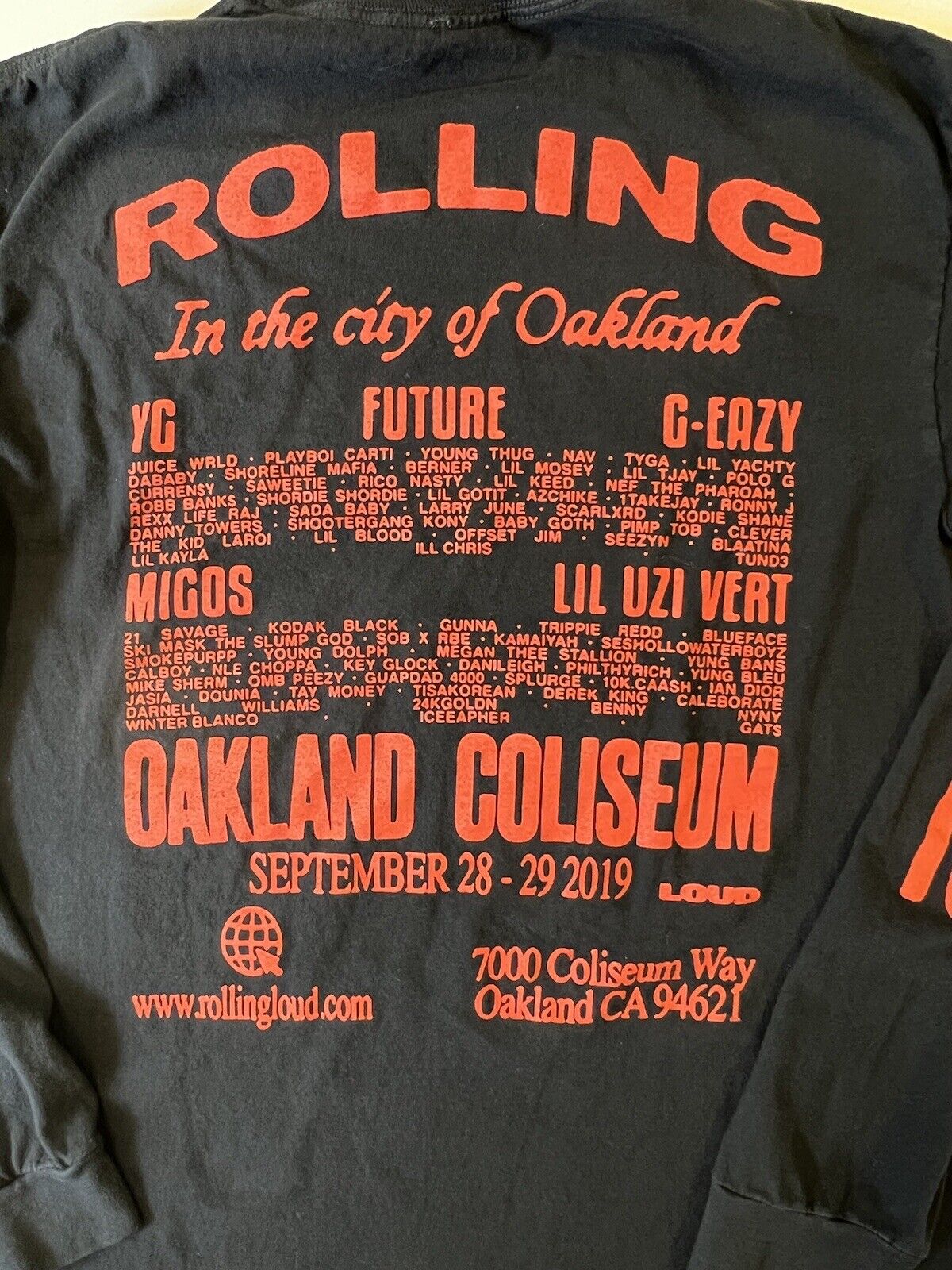 2019 Rolling Loud Mens T Shirt Long Sleeve Bay Area 510 Festival Oakland Size M