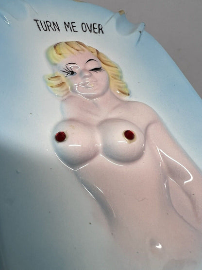 Vintage Risque Nude Lady Ashtray Turn Me Over for your Butts Ruby Nipples Japan