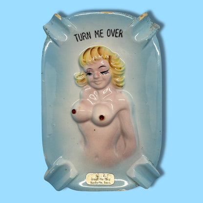 Vintage Risque Nude Lady Ashtray Turn Me Over for your Butts Ruby Nipples Japan