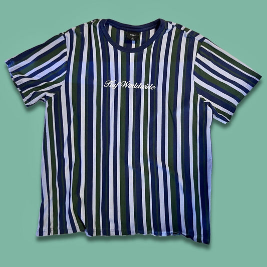 HUF WORLDWIDE Vertical Striped Tee Size XL Embroidered Logo Green Blue White