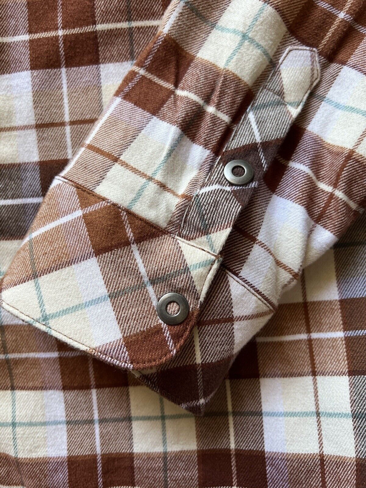 KUHL Tess Plaid Flannel Shirt Cinnamon Brown Women's Sz M Cream Corduroy Hiking