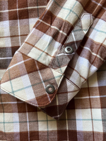 KUHL Tess Plaid Flannel Shirt Cinnamon Brown Women's Sz M Cream Corduroy Hiking