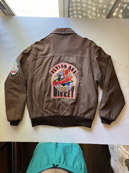 Mickey Mouse Flying Ace Patches Unit Genuine Leather Bomber Vintage Brown Mens