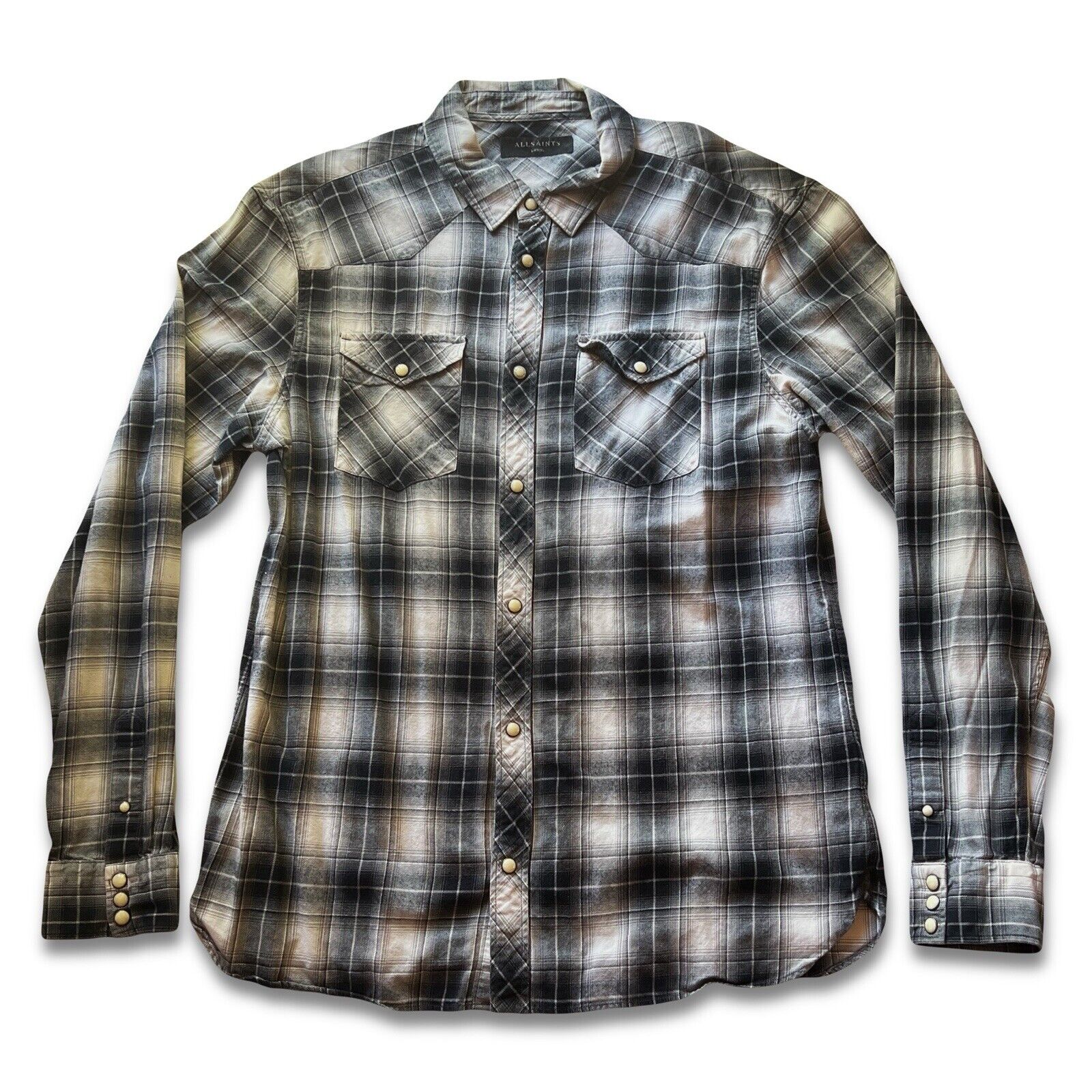 All Saints Shirt Men Medium Black Plaid Pearl Snap Flannel Cowboy Western Flanel