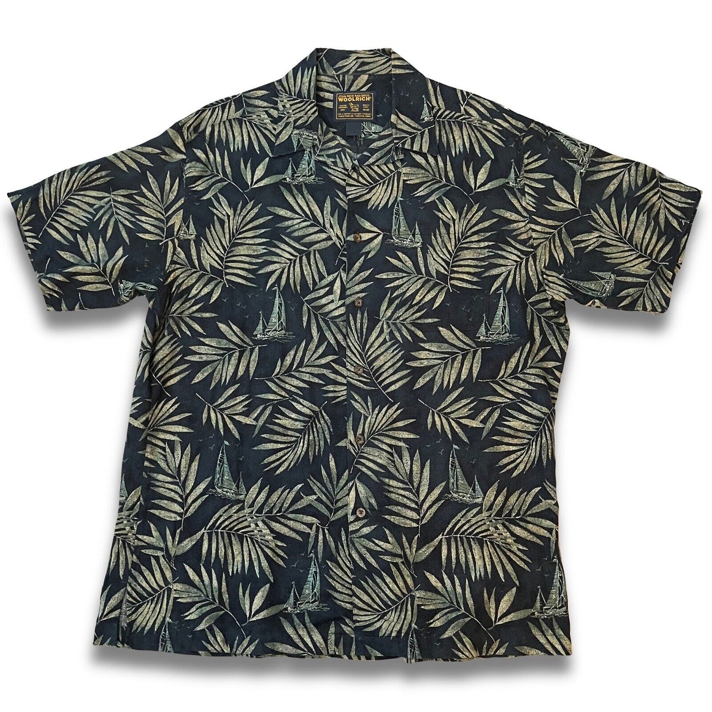 WOOLRICH Hawaii Shirt Blue Palm Trees Boats Mens Large s/s Button Up Woven