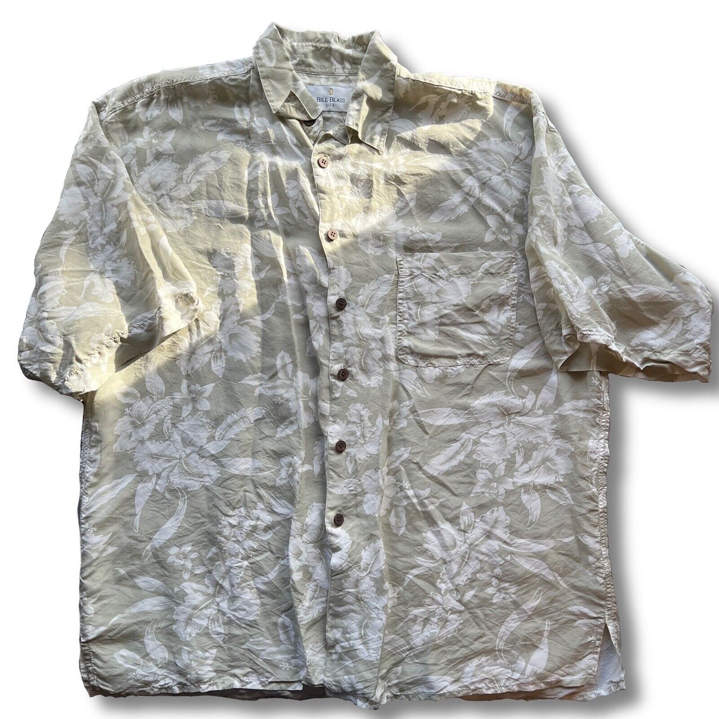 Bill Blass 100% Silk Floral Tan Short Sleeve Button Down Shirt Size Large Men’s