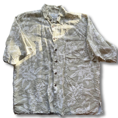 Bill Blass 100% Silk Floral Tan Short Sleeve Button Down Shirt Size Large Men’s