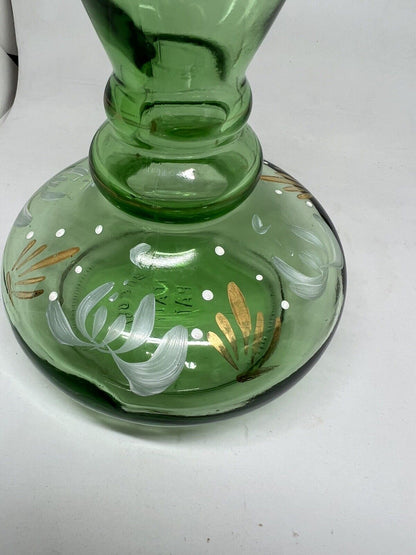 VINTAGE Clear ITALY Brebbia Green Glass BOTTLE VASE W/ PAINTED LEAVES