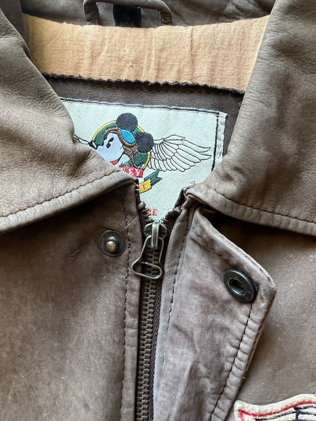 Mickey Mouse Flying Ace Patches Unit Genuine Leather Bomber Vintage Brown Mens