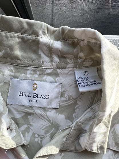 Bill Blass 100% Silk Floral Tan Short Sleeve Button Down Shirt Size Large Men’s