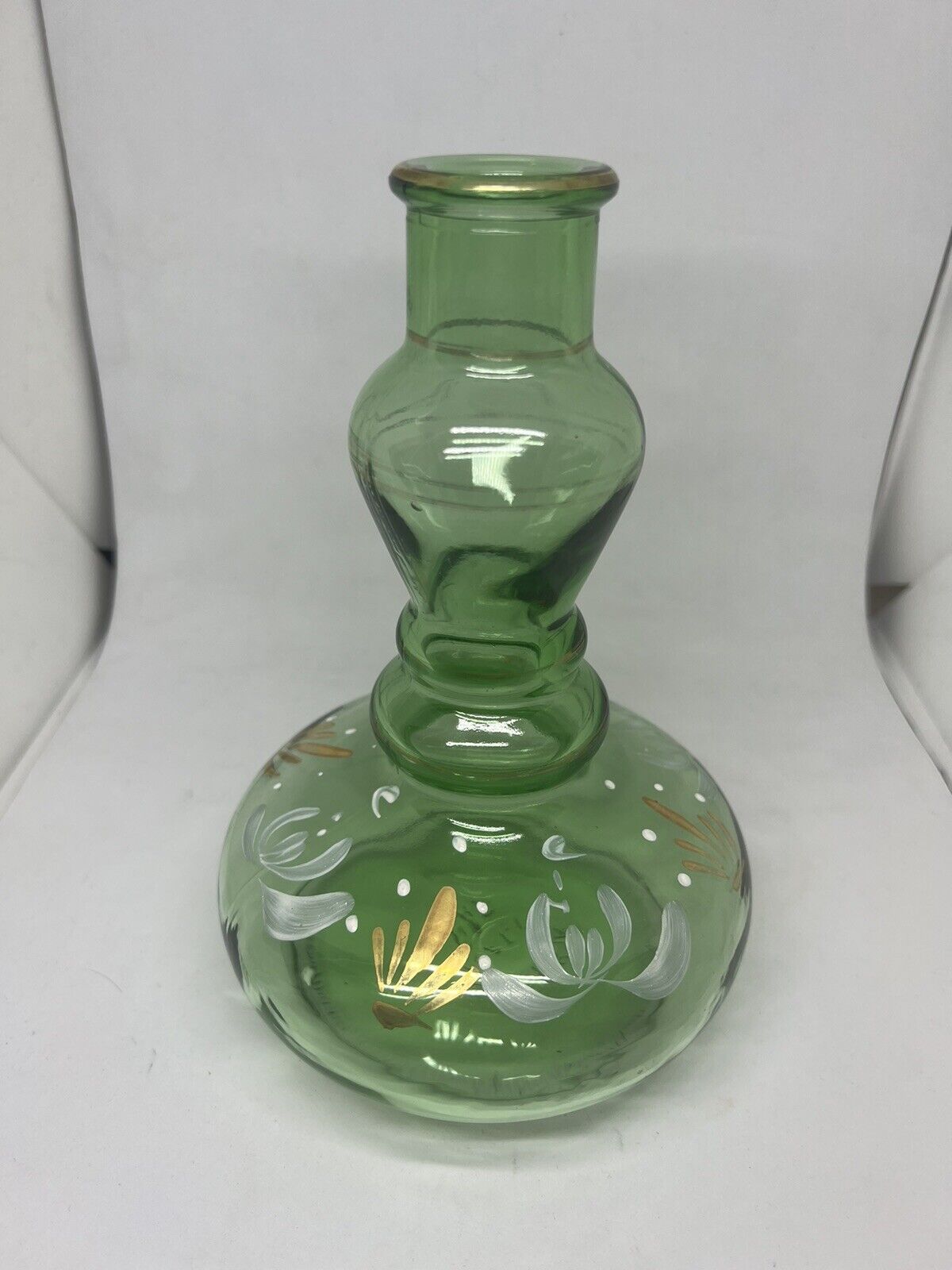 VINTAGE Clear ITALY Brebbia Green Glass BOTTLE VASE W/ PAINTED LEAVES