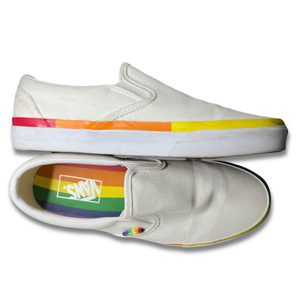 Vans Classic Slip On Rainbowstripe Pride White Rainbow Canvas Shoe Sneaker W9.5