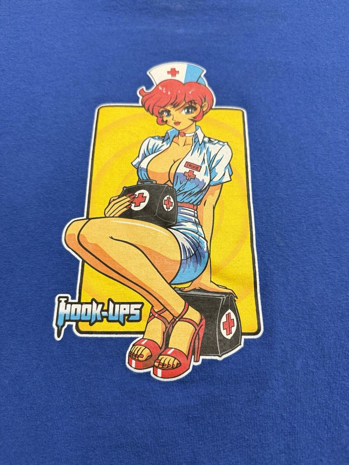 Hook-Ups Skateboard “Nurse Trixie” Blue Vintage TShirt Men's Large JK Industries