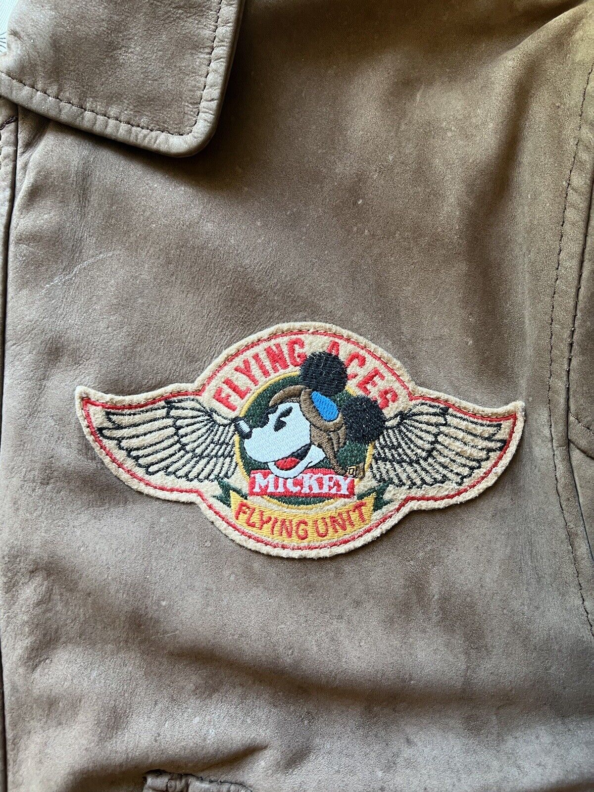 Mickey Mouse Flying Ace Patches Unit Genuine Leather Bomber Vintage Brown Mens