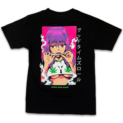 Men's Waifu Smoking Know Bad Daze Anime Girl Halfboob Stoner Graphic Shirt Adult