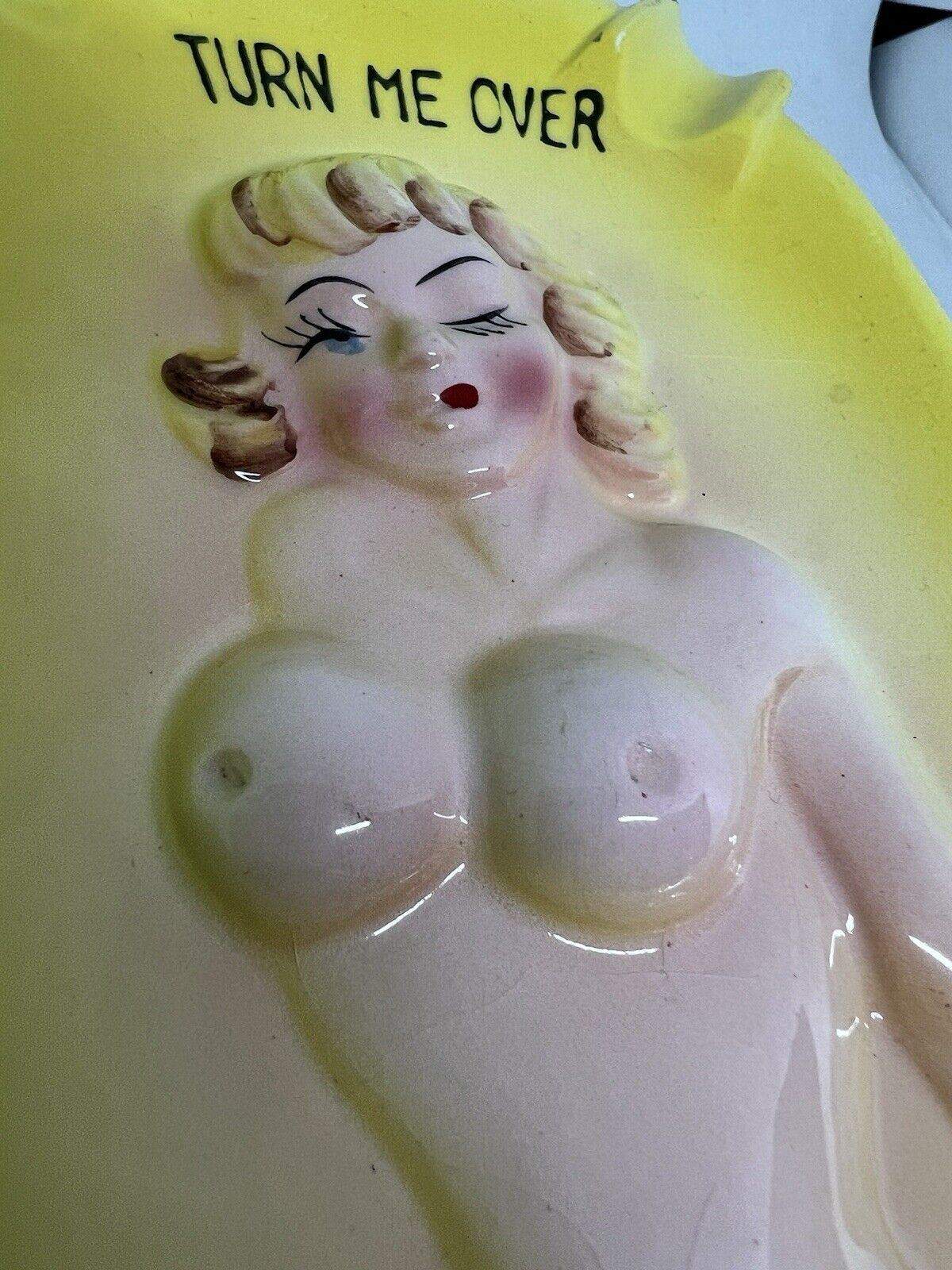 Vintage Nude Lady Turn Me Over Yellow Ashtray For Your Hot Butts And Ashes JAPAN