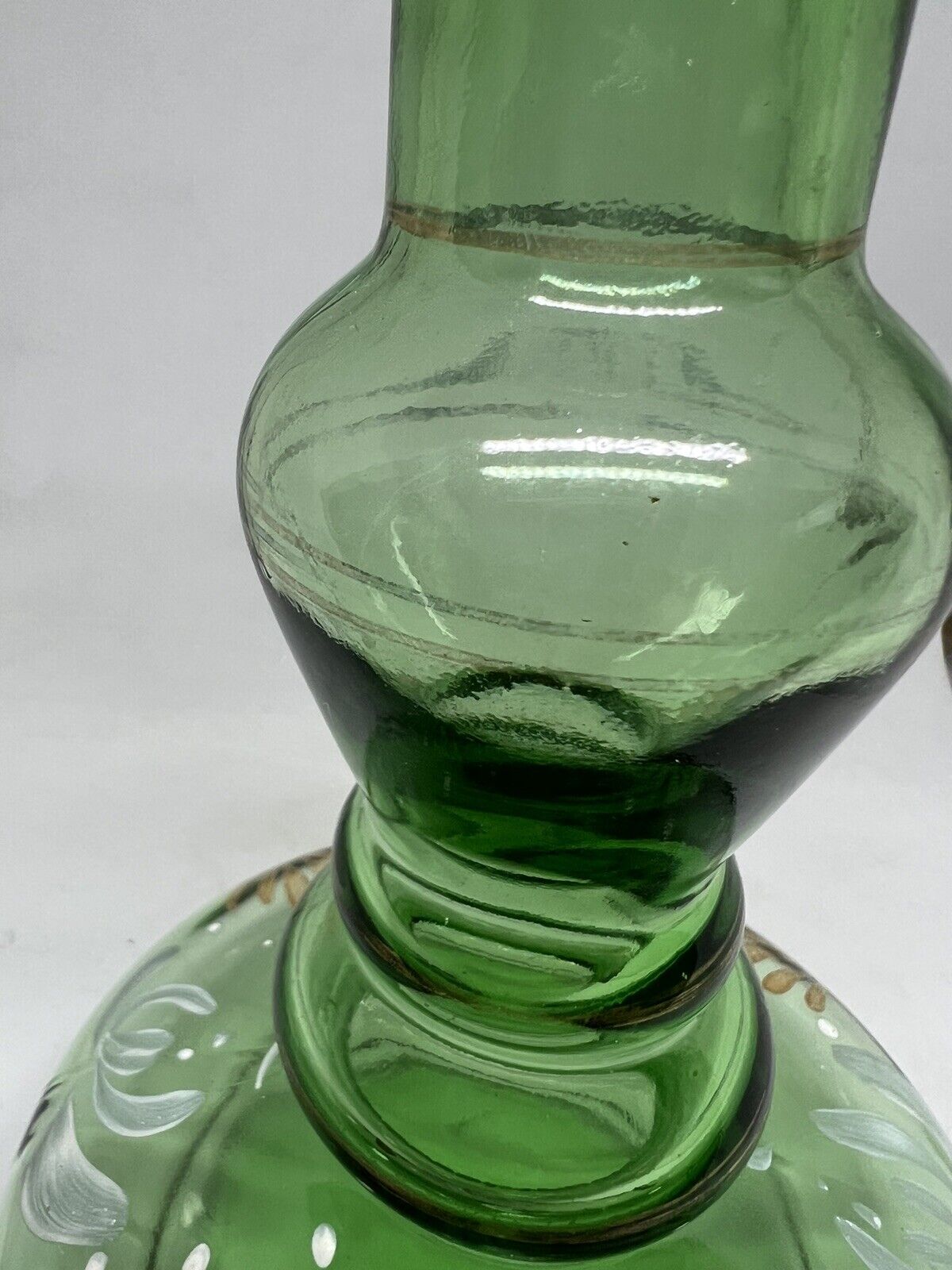 VINTAGE Clear ITALY Brebbia Green Glass BOTTLE VASE W/ PAINTED LEAVES