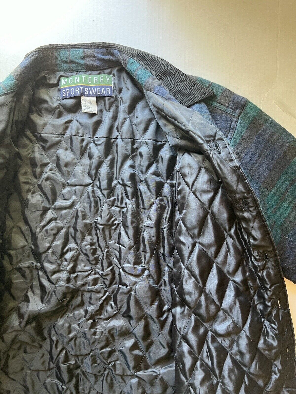 Monterey Sportswear Quilted Flannel Jacket Mens Large Blue Pockets Vintage