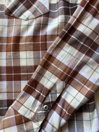 KUHL Tess Plaid Flannel Shirt Cinnamon Brown Women's Sz M Cream Corduroy Hiking