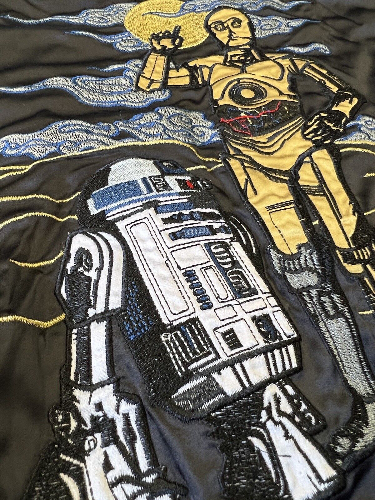 Star Wars Black Gold 40th Anniversary Satin Bomber Jacket C3P0 R2D2 Small