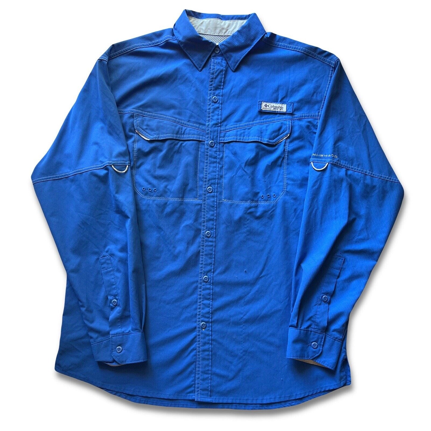 COLUMBIA Fishing Shirt Men's M PFG Bright Blue Vented Back Panel UPF 50 Sun