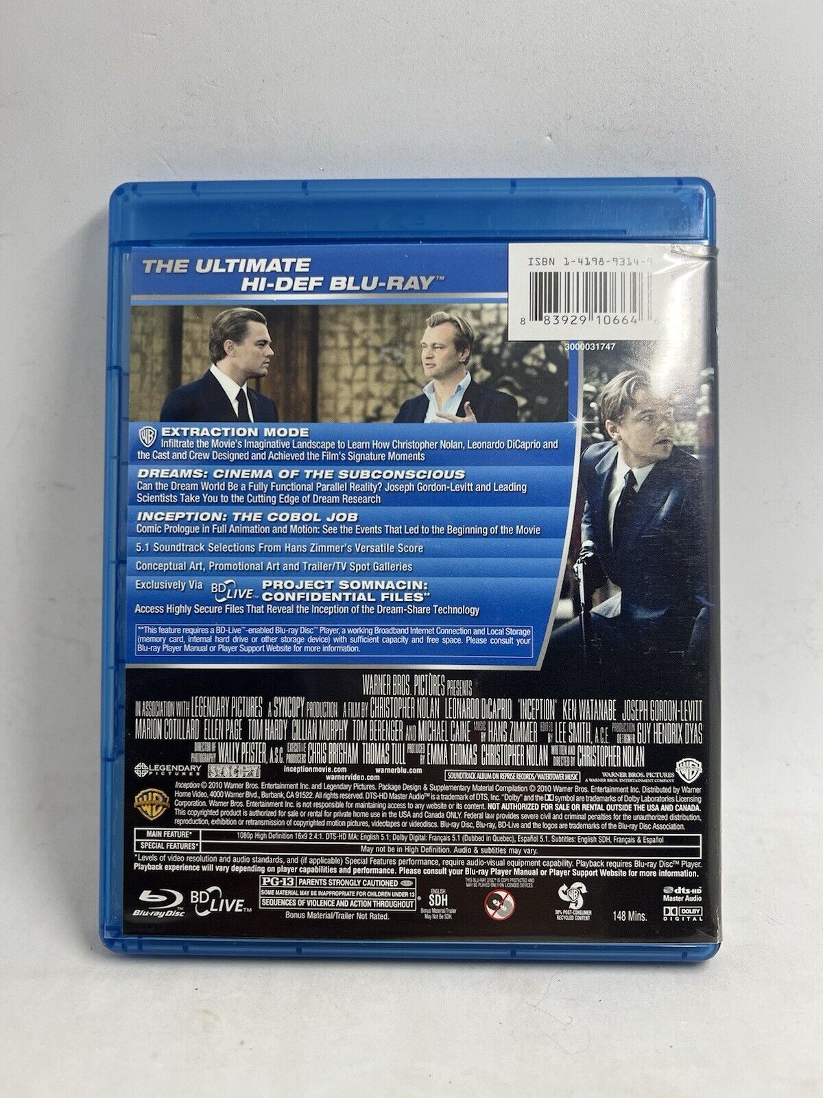 Inception | 2010 |  (Blu-ray) Double Disc With Special Features. Dicaprio Movie