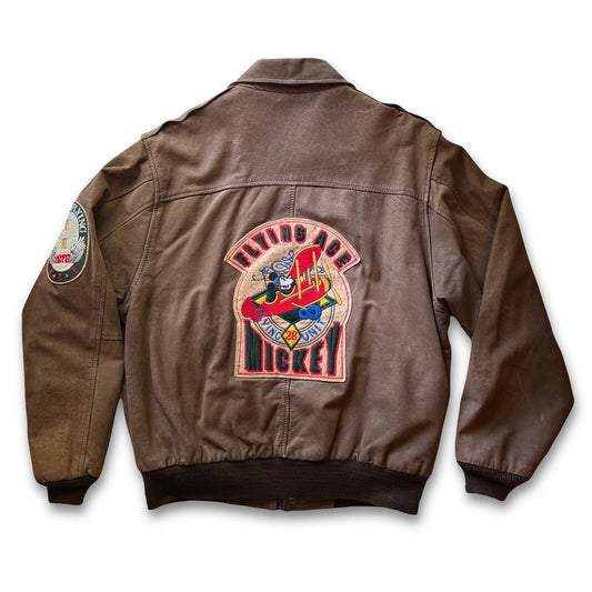 Mickey Mouse Flying Ace Patches Unit Genuine Leather Bomber Vintage Brown Mens