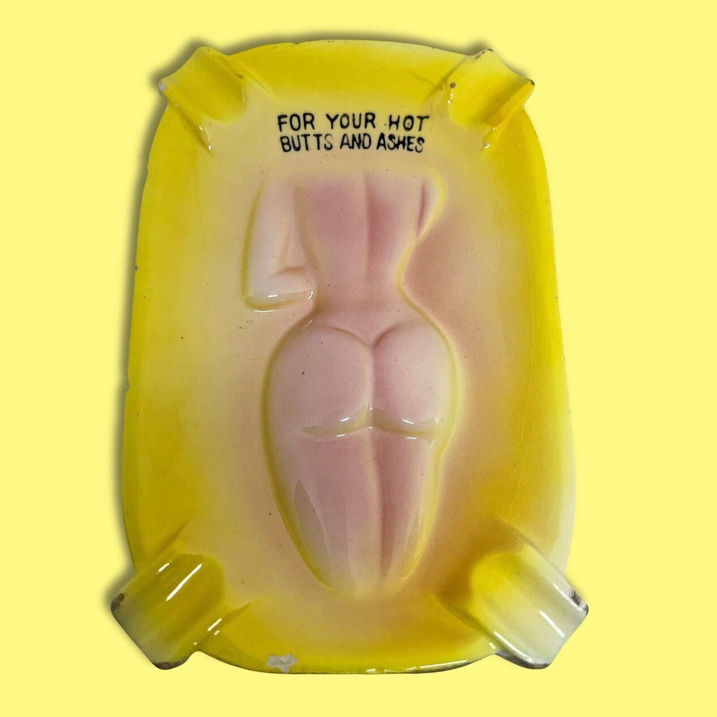 Vintage Nude Lady Turn Me Over Yellow Ashtray For Your Hot Butts And Ashes JAPAN