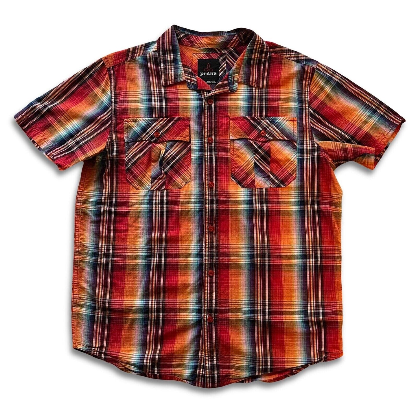 Fun PrAna Shirt Mens Size Medium Short Sleeve Orange Plaid Cotton Hiker Outdoor